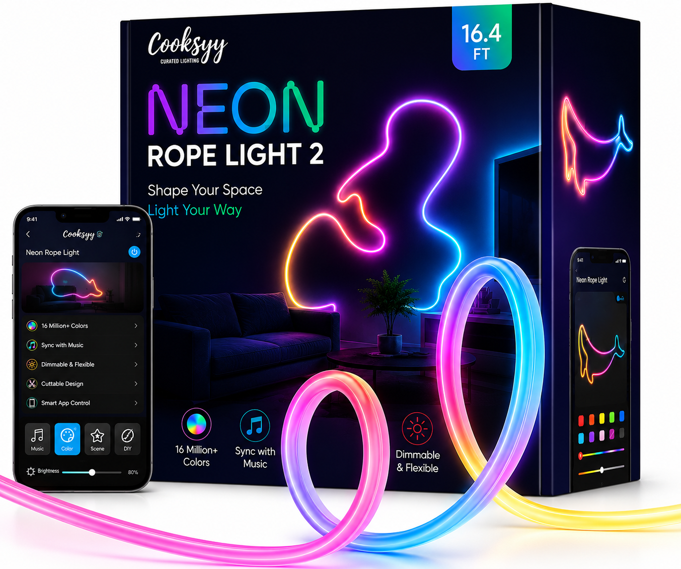 NeonGlow Smart Rope Strip Light with Music Syncing (5 Meters) by Cooksyy
